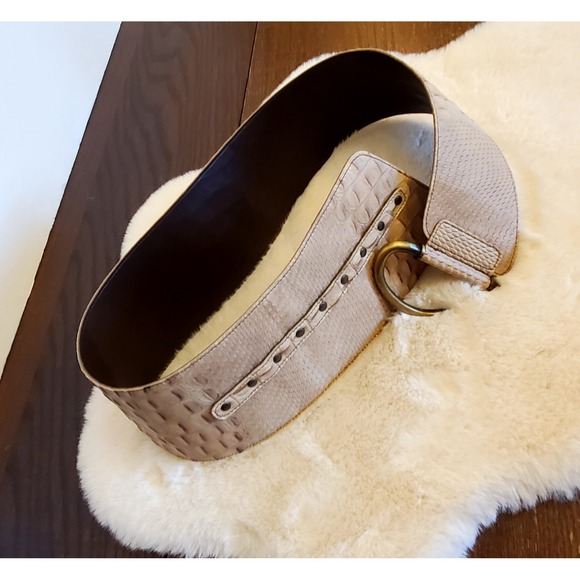 Vintage Italian Wide Leather Belt Beige Reptile Embossed D-Ring - Picture 9 of 16